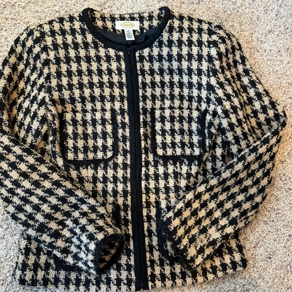 Talbots Houndstooth Tweed Blazer Jacket Size: 4 Wool Blend Pockets Zipper Front - Picture 13 of 13